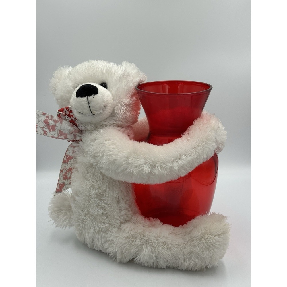 White Bear Vaseβ Hugger Plush With Red Vase
